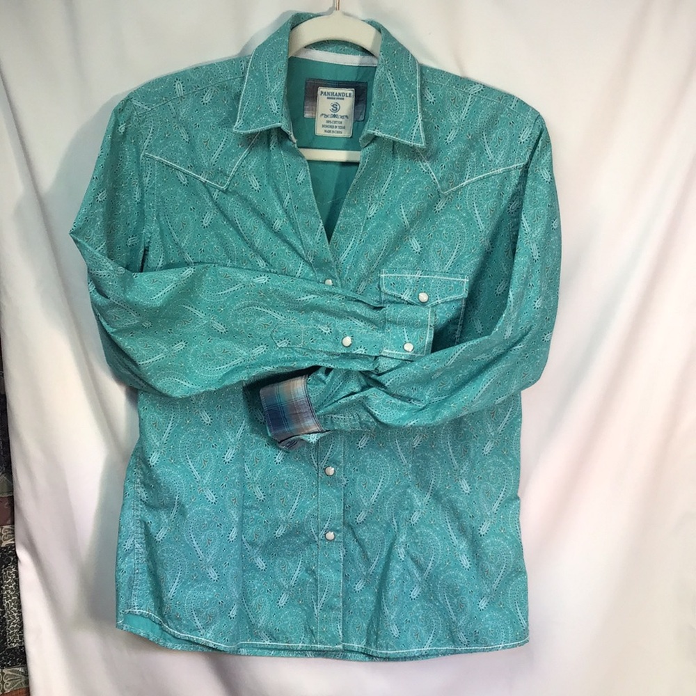 Turquoise pearl snap western style shirt Heavy 100% cotton paisley plaid cuffs